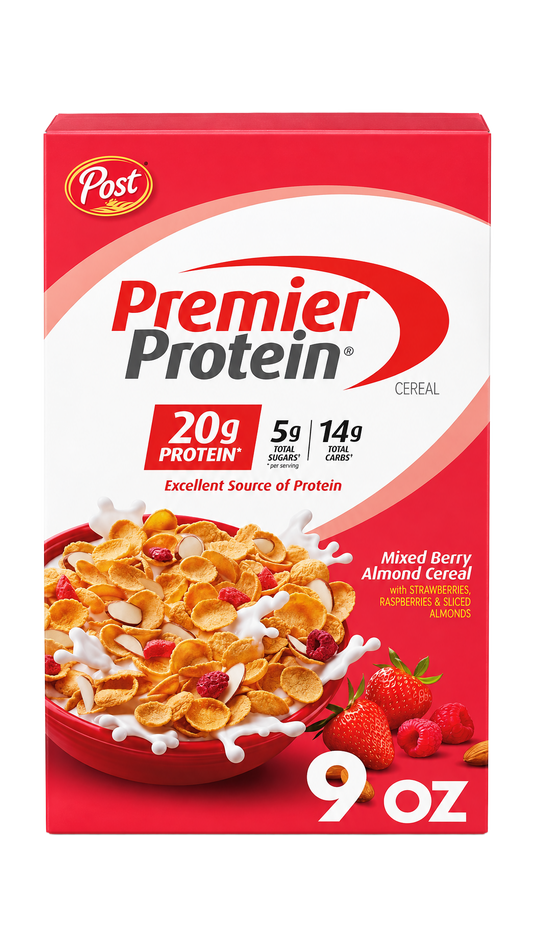 Premier Protein Mixed Berry Almond Cereal box