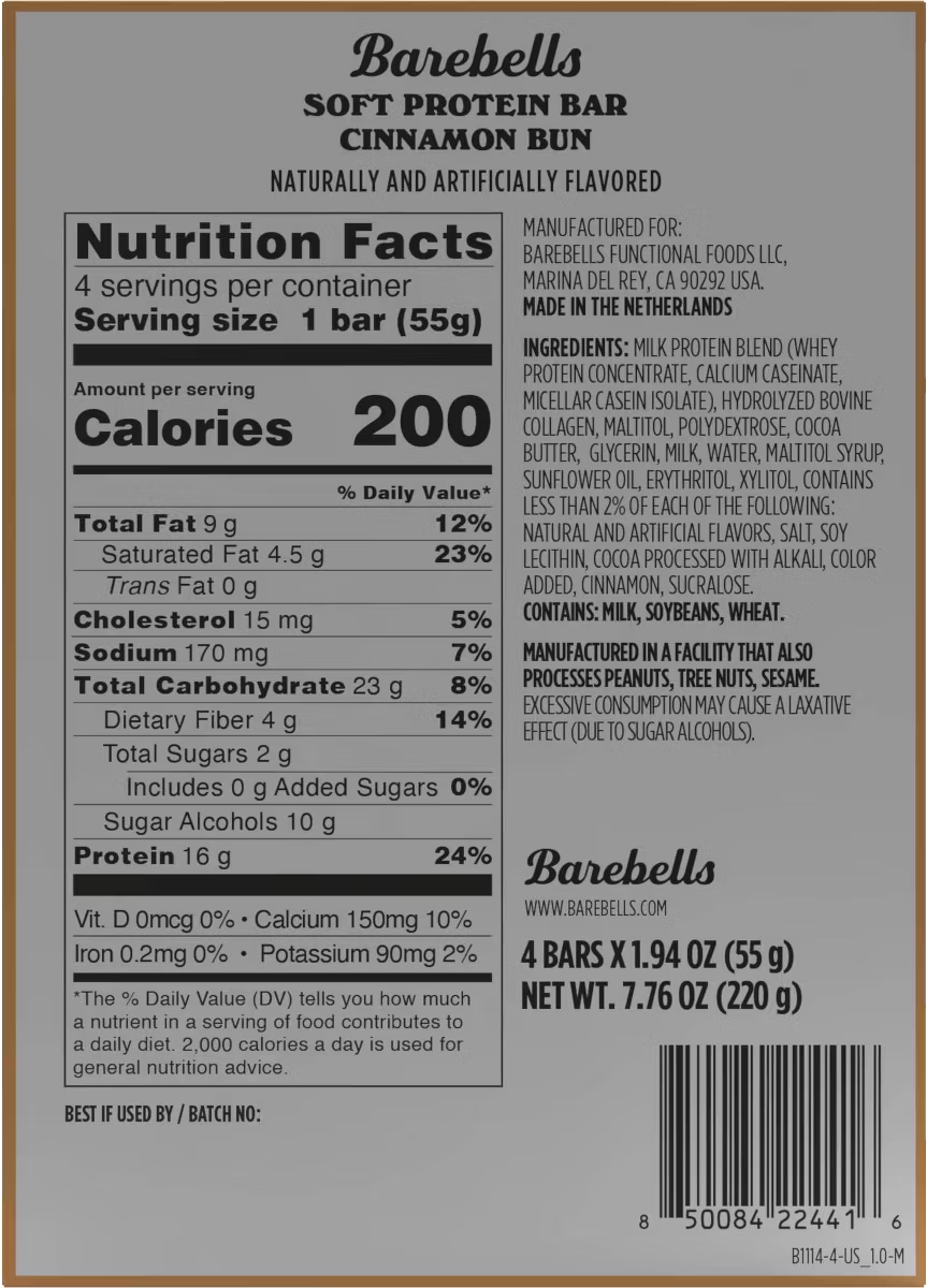 Barebells Soft Cinnamon Bun Protein Bars - nutrition facts and ingredients