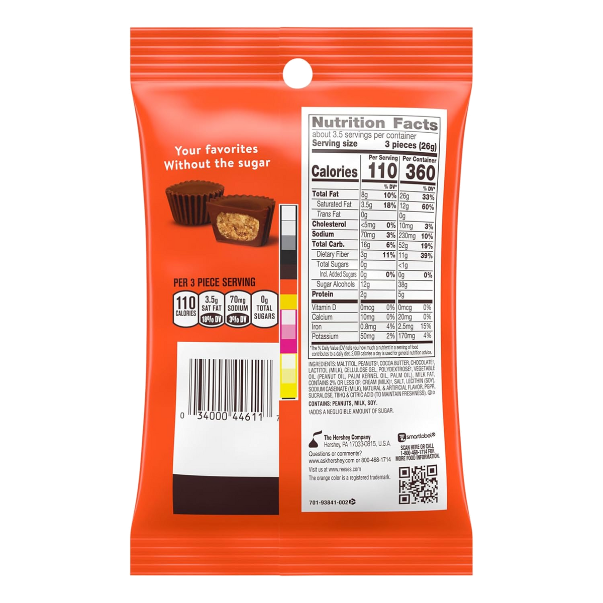 REESE'S Zero Sugar Miniature Cups bag, back with nutrition facts